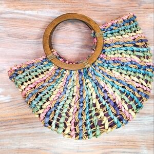 Vtg Capelli Straworld Dorfman Pacific Straw Bag Multicolored Pastel Wood Handles